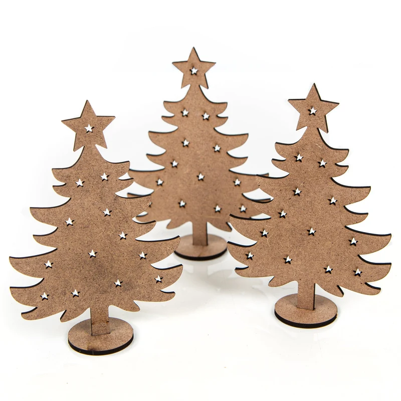 3 Weihnachtskarten DIN A6 Klappkarten mit Umschlag – Weihnachtsbaum grau-bunt mit Mini-Weihnachtsbaum aus Holz