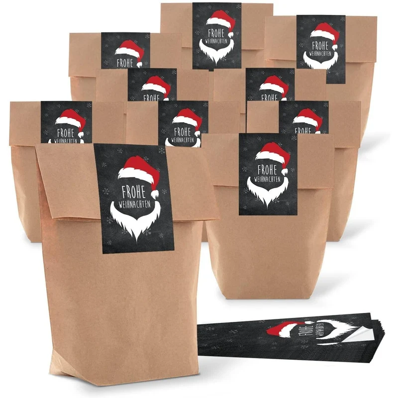 Kraftpapiertüten mit Boden 16,5 x 26 x 6,6 cm mit Aufkleber „Frohe Weihnachten“