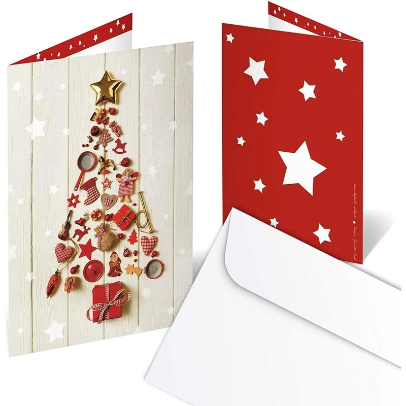 20 Weihnachtskarten DIN A6 Klappkarten – Weihnachtsbaum mit Sternen rot-gold innen blanko