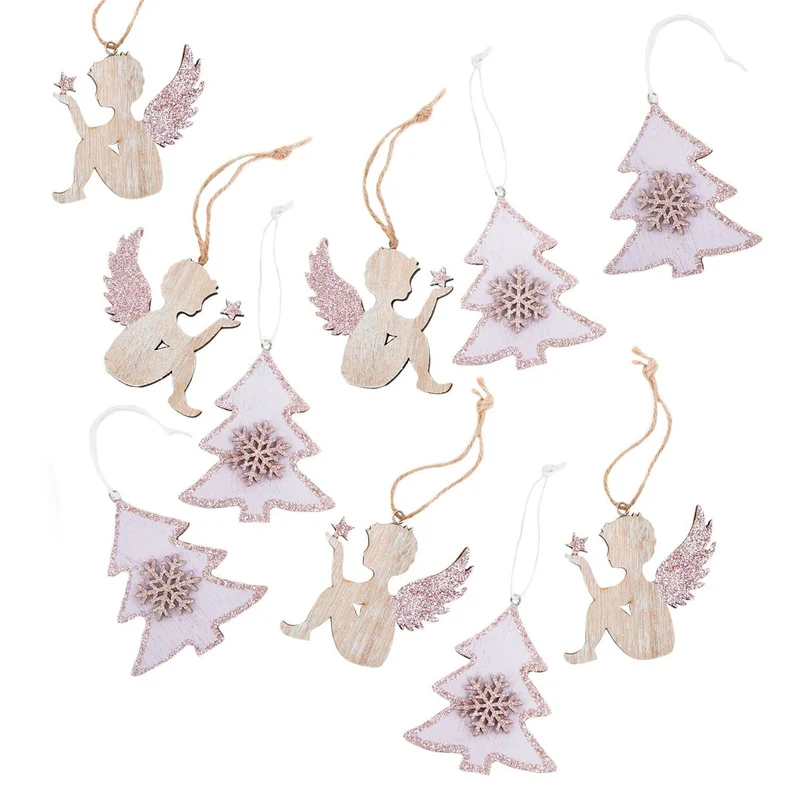 Weihnachtsdeko Set 10 Anhänger - 5 Engel + 5 Bäume rosa Natur weiß - Weihnachtsanhänger