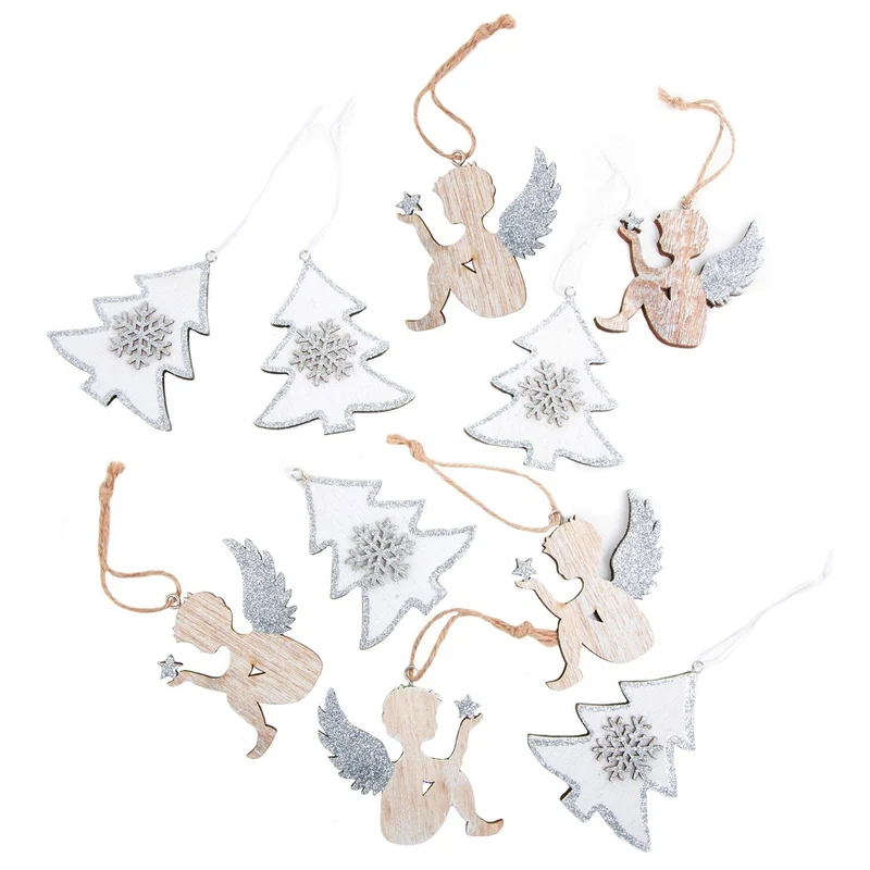 Weihnachtsdeko Set 10 Anhänger - 5 Engel + 5 Bäume Silber Natur weiß - Weihnachtsanhänger