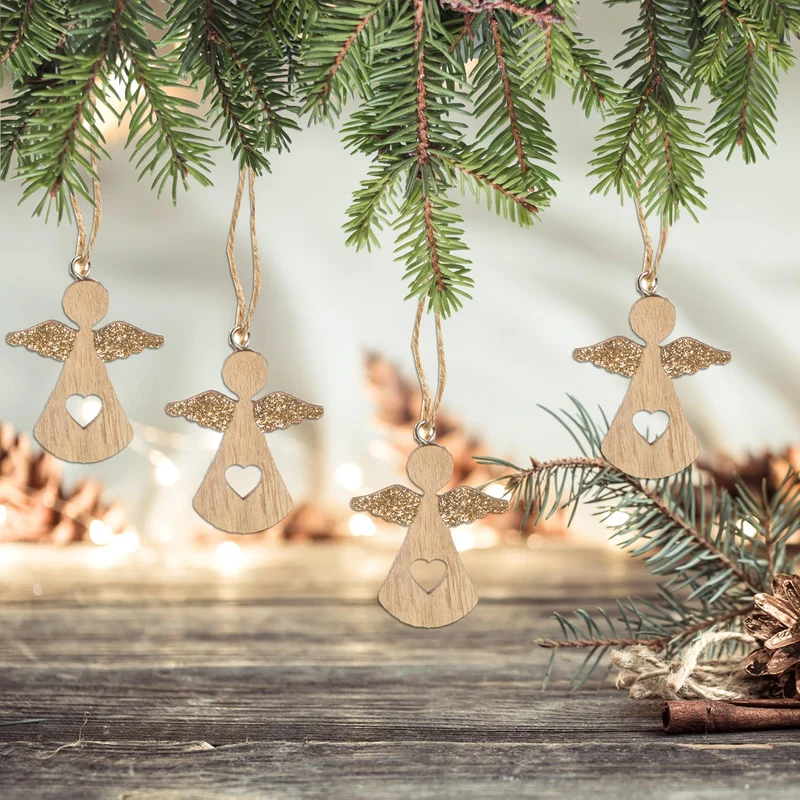 24 kleine Engel Weihnachtsanhänger aus Holz natur gold - natürliche Weihnachtsdeko zum Aufhängen