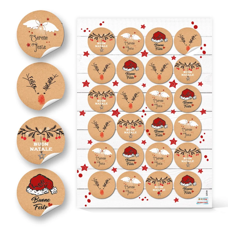 Logbuch-Verlag 96 Weihnachtssticker in Kraftpapier-Optik braun rot weiß - italienische Weihnachtsgrüße Buone Feste Ø 4 cm