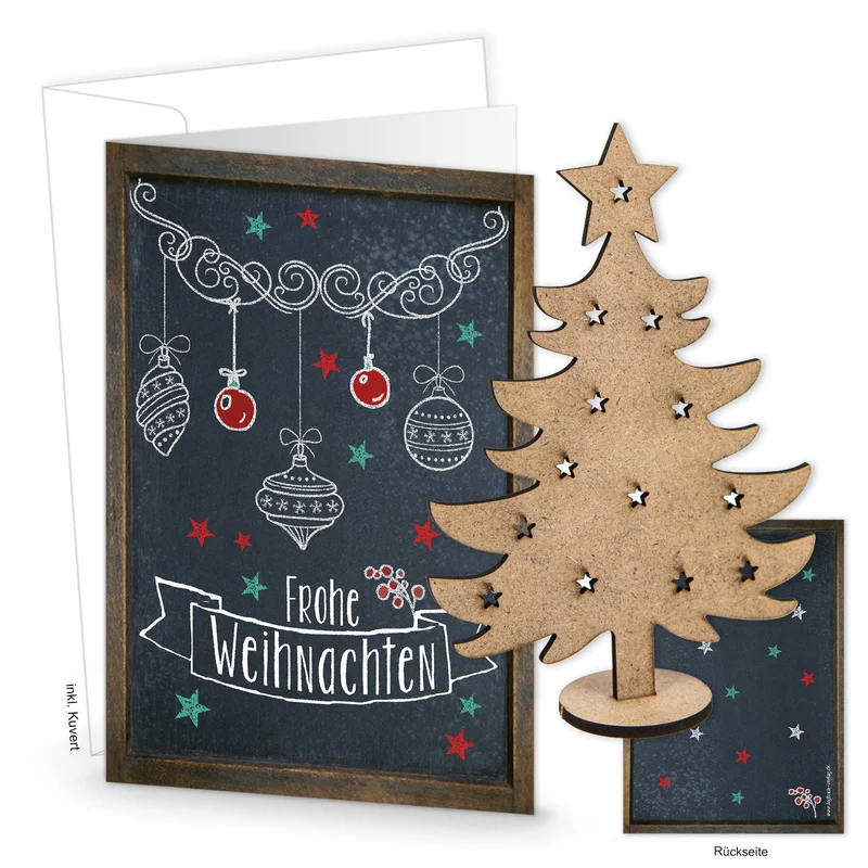 3 Weihnachtskarten DIN A6 Klappkarten mit Umschlag – zum Bedrucken, mit Holzbaum zum Stecken