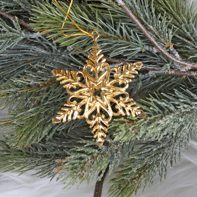 6 Weihnachtsanhänger Baum + Stern + Schneeflocke aus Metall - goldfarben
