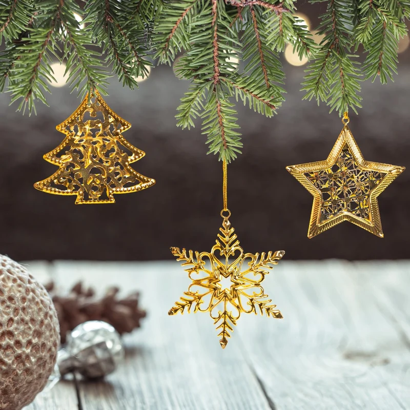6 Weihnachtsanhänger Baum + Stern + Schneeflocke aus Metall - goldfarben