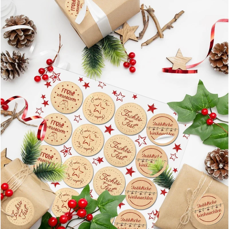 24 Weihnachtsaufkleber Aufkleber rot beige natur FROHE WEIHNACHTEN Ø 4 cm Sticker Geschenkaufkleber give-away Kunden-Geschenke Etiketten Geschenkverpackung weihnachtlich Papiertüten zukleben