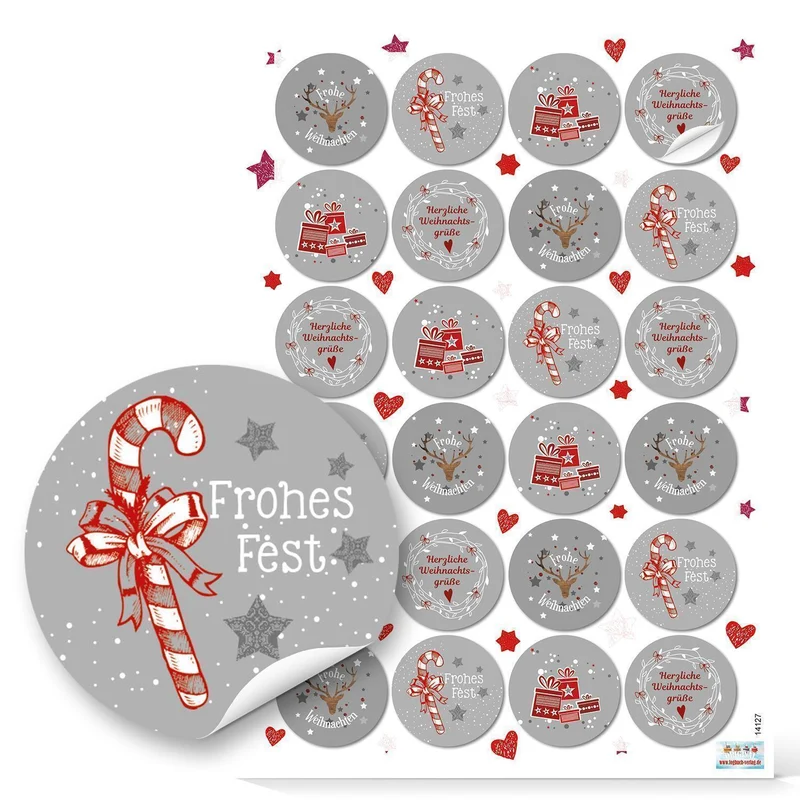 Weihnachtsaufkleber rund rot weiß grau Sticker Etiketten 4 cm