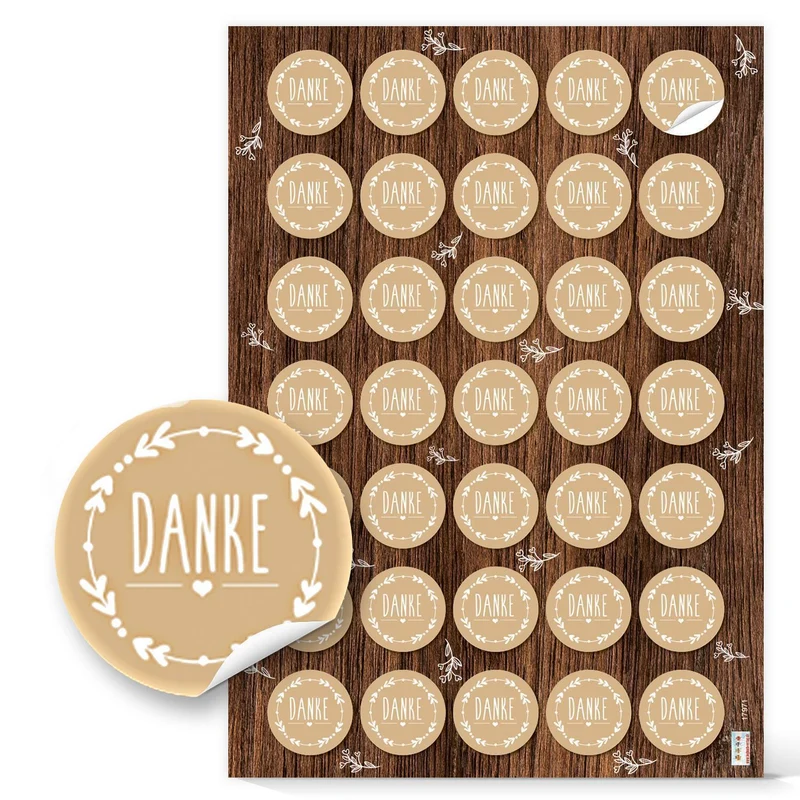 Aufkleber Set 3 x 35 Sticker - rund 3,2 cm - Schön dass du da bist + Danke + Blanko - beige im Vintage-Stil