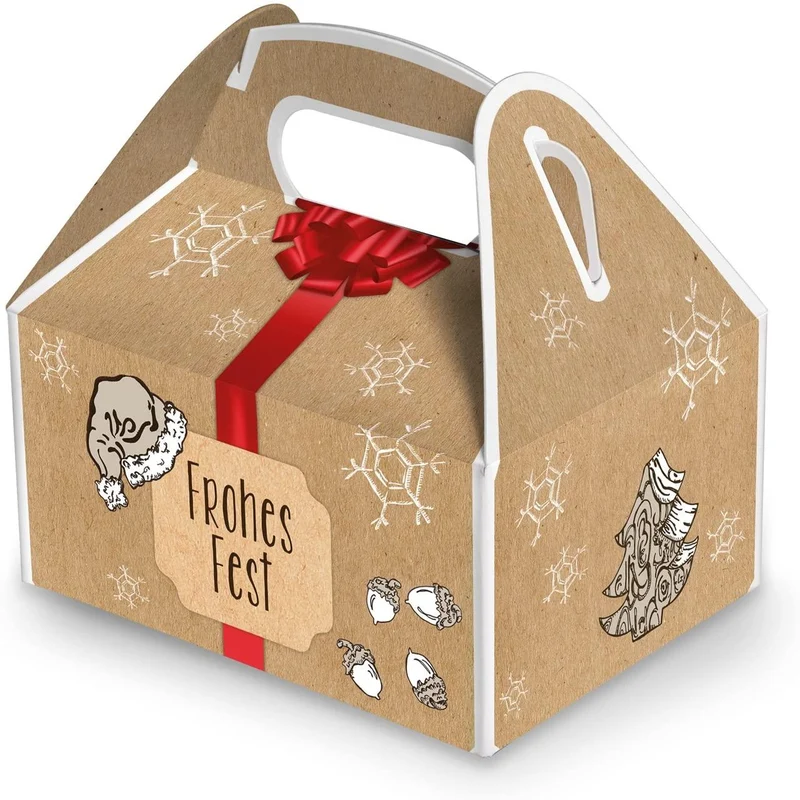 Weihnachtliche Geschenkboxen mit Griff braun-rot 9 x 12 x 6 cm mit Aufdruck „Frohes Fest“