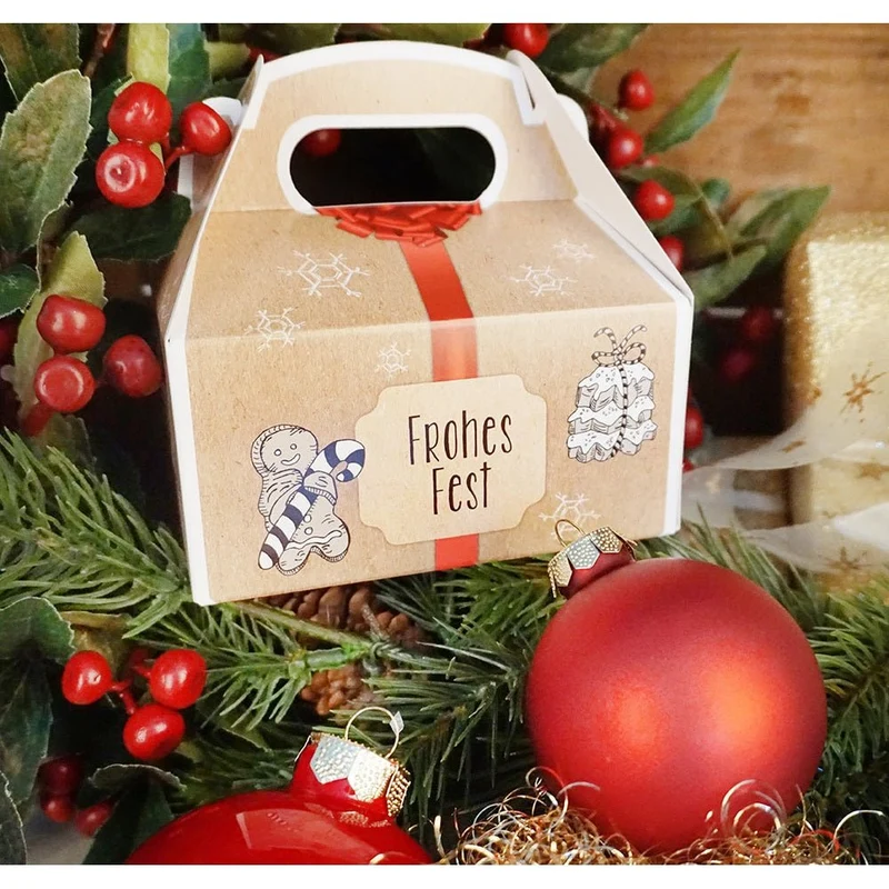 Weihnachtliche Geschenkboxen mit Griff braun-rot 9 x 12 x 6 cm mit Aufdruck „Frohes Fest“