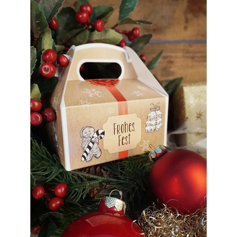 Weihnachtliche Geschenkboxen mit Griff braun-rot 9 x 12 x 6 cm mit Aufdruck „Frohes Fest“
