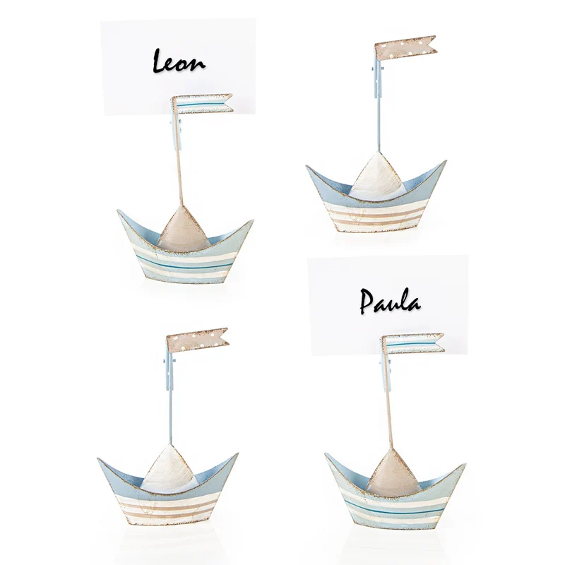 4 kleine Segelboote Metall mit Clip maritim blau weiß 11 cm
