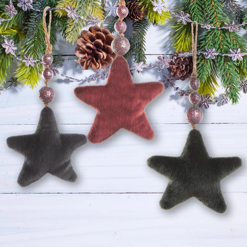 3 Sterne Weihnachtsanhänger - rot grau dunkelgrün aus Kunstfell & Stoff