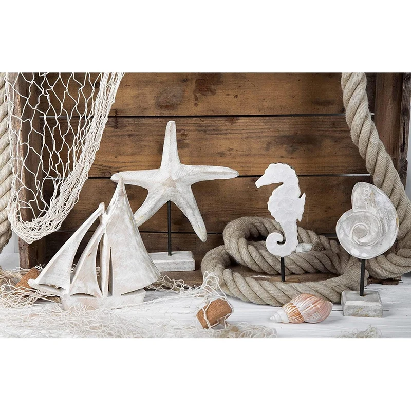 4 Maritime Dekofiguren - Seepferdchen + Holzschiff + Muschel + Seestern