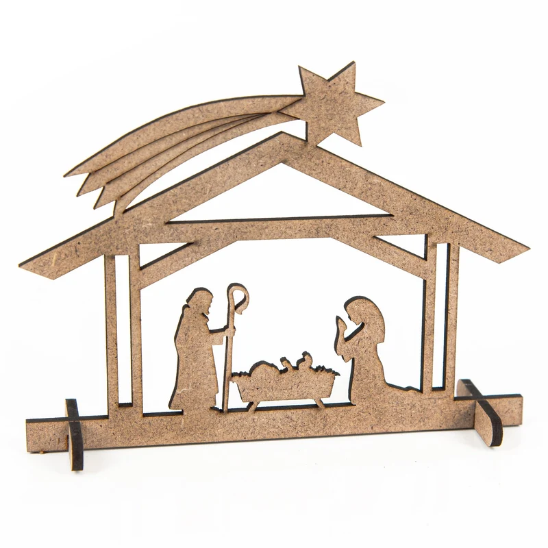 3 Weihnachtskarten quadratisch Klappkarten mit Umschlag – Stern braun-weiß mit Mini-Krippe aus Holz
