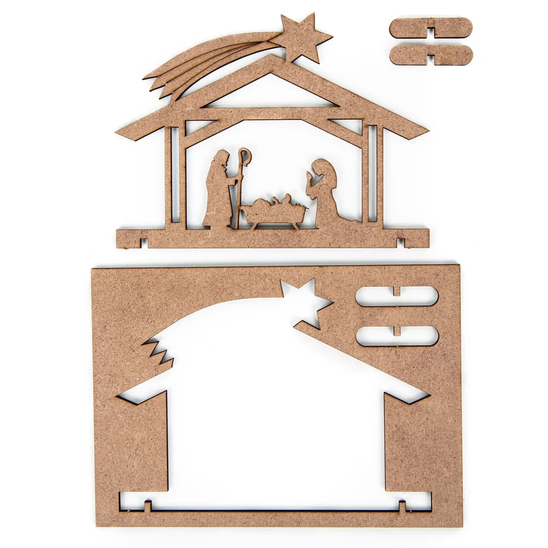 3 Weihnachtskarten quadratisch Klappkarten mit Umschlag – Stern braun-weiß mit Mini-Krippe aus Holz