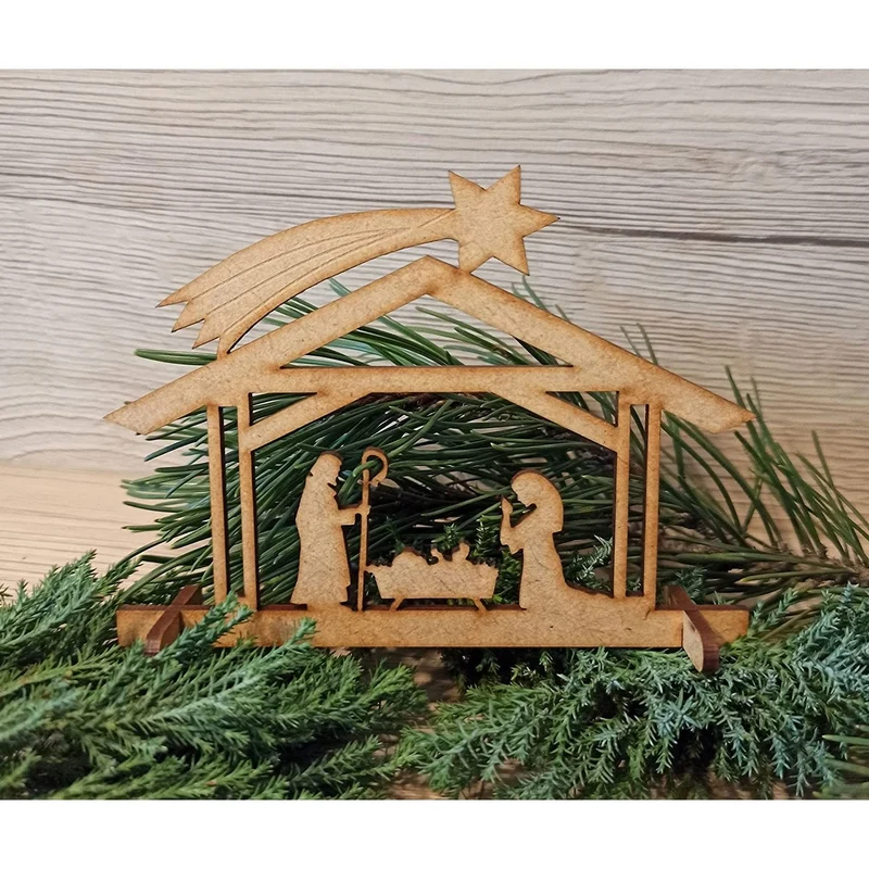 3 Weihnachtskarten quadratisch Klappkarten mit Umschlag – Stern braun-weiß mit Mini-Krippe aus Holz