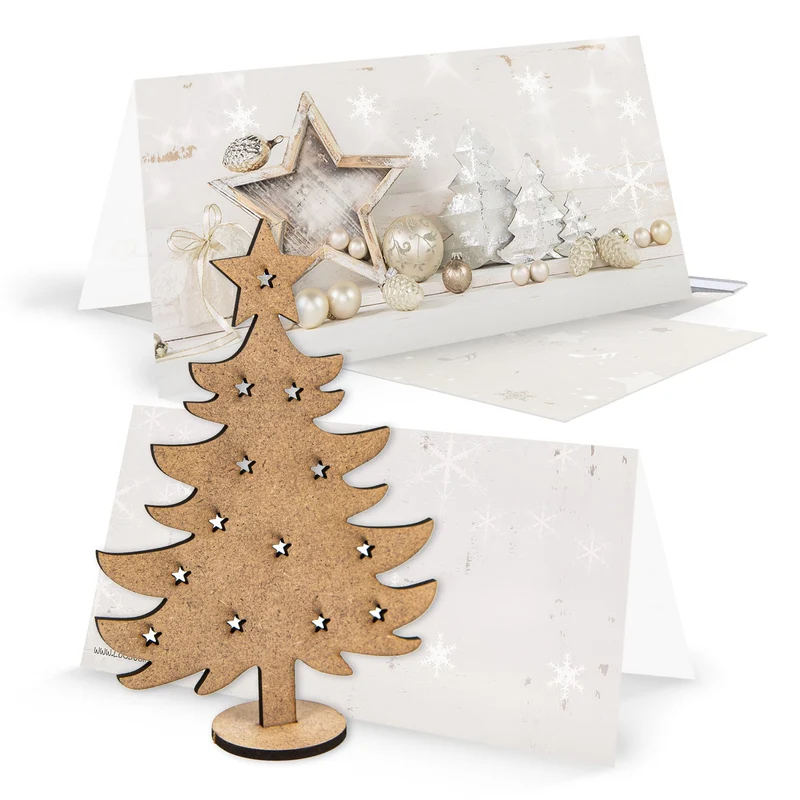 3 Weihnachtskarten DIN lang Klappkarten mit Umschlag – Sterne silber-beige mit Mini-Weihnachtsbaum aus Holz