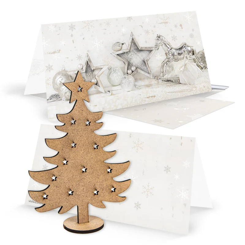 3 Weihnachtskarten DIN lang Klappkarten mit Umschlag – Schaukelpferd silber-weiß mit Mini-Weihnachtsbaum aus Holz