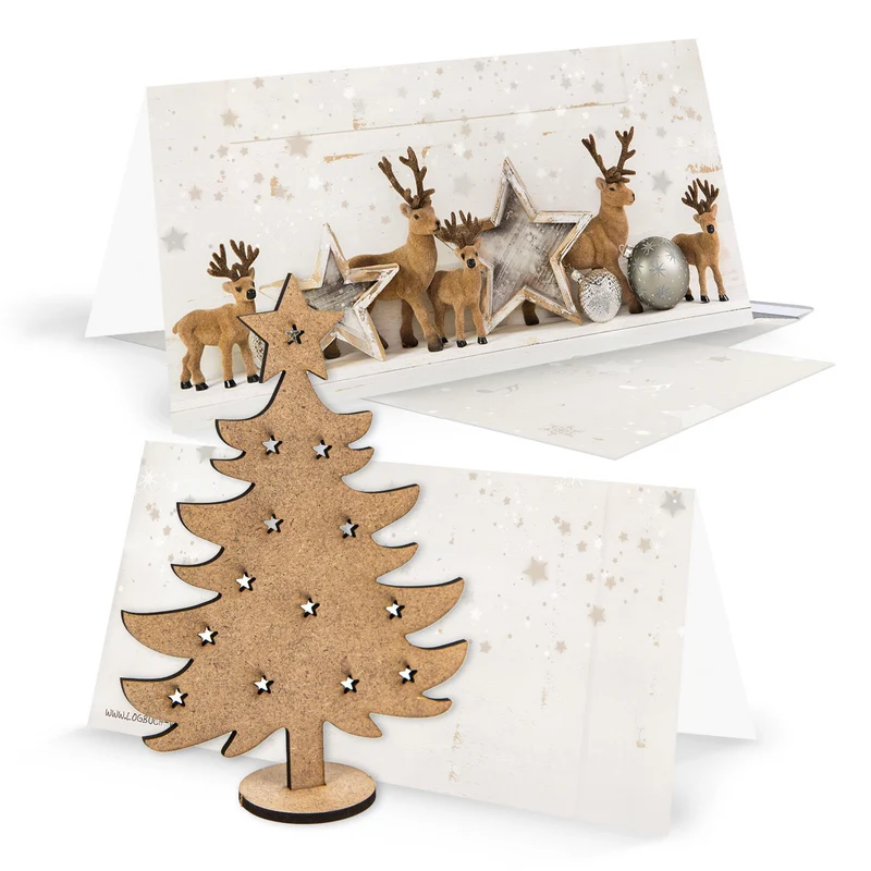 3 Weihnachtskarten DIN lang Klappkarten mit Umschlag – Rentier silber-weiß mit Mini-Weihnachtsbaum aus Holz
