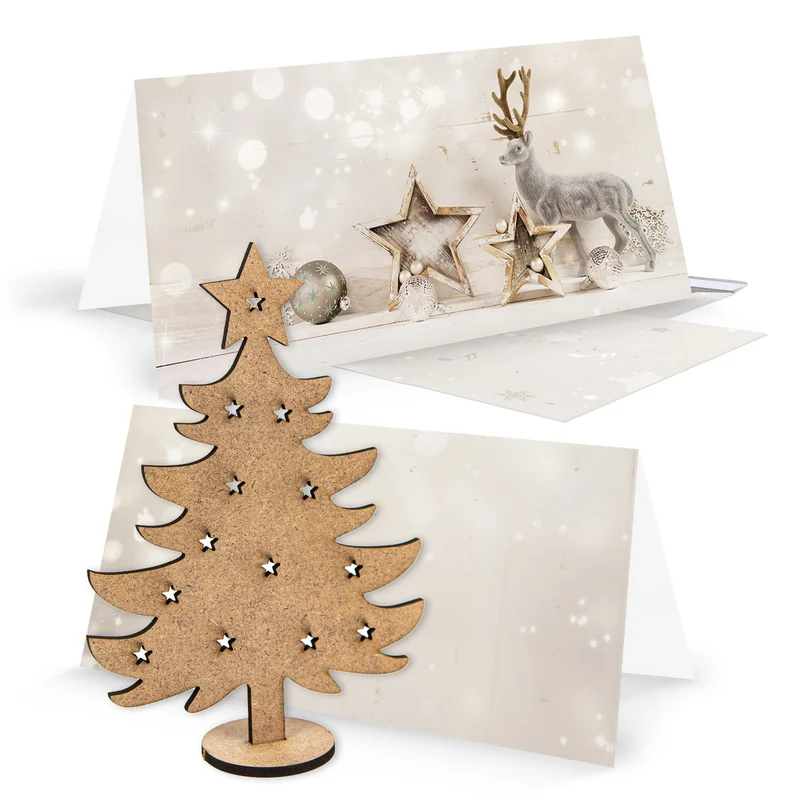 3 Weihnachtskarten DIN lang Klappkarten mit Umschlag – Rentier silber-beige mit Mini-Weihnachtsbaum aus Holz