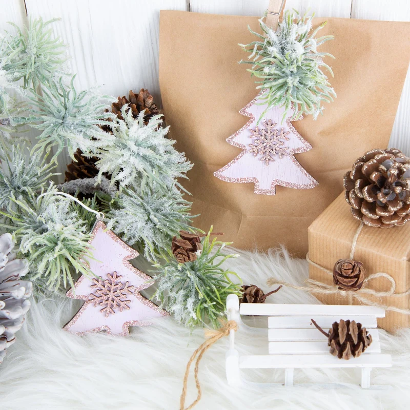 5 Weihnachtsanhänger Baum aus Holz rosa pink mit Glitzer