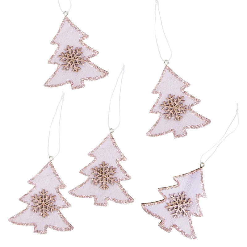 5 Weihnachtsanhänger Baum aus Holz rosa pink mit Glitzer