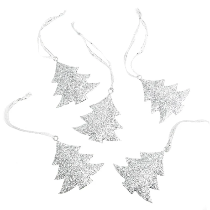 5 Weihnachtsbaum Anhänger Silber glitzernd 8 cm - Metallanhänger Baum - Baumbehang