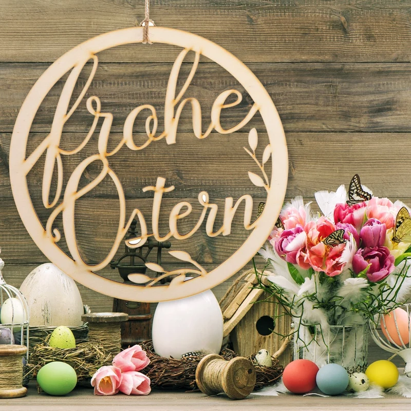 Türkranz "Frohe Ostern" aus Holz rund 24 cm - Osterkranz natur als Türschmuck