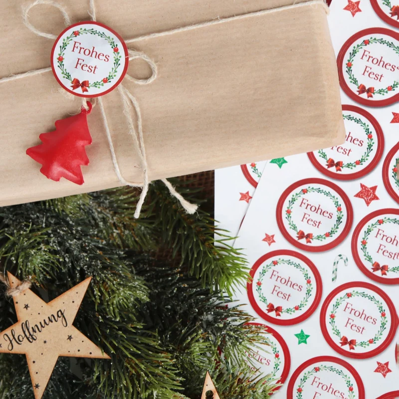 24 weihnachtliche Aufkleber rund ROT GRÜN weiß FROHES FEST Geschenkaufkleber Text 4 cm Verpackung Weihnachtsgeschenke