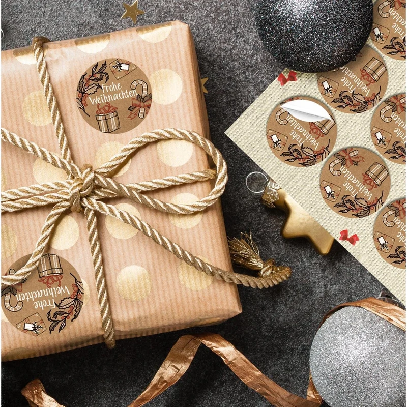 Logbuch-Verlag 24 Weihnachtsaufkleber rund vintage Kraftpapier FROHE WEIHNACHTEN Text Geschenkaufkleber Weihnachtgeschenke Verpackung Kunden
