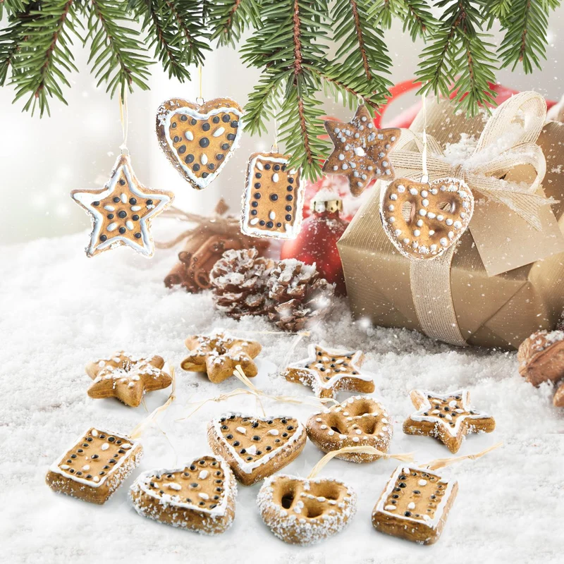 15 Lebkuchen Anhänger aus Keramik - Pfefferkuchen Weihnachtsanhänger in braun weiß