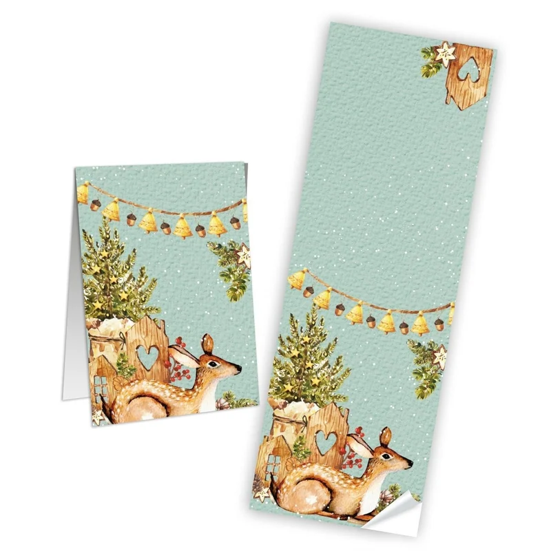 Weihnachtsbanderole Reh grün beige blau 7,2 x 21 cm zum Beschriften