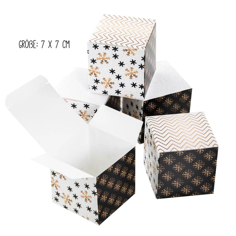 Weihnachtliche Geschenkboxen schwarz-weiß-gold 7 x 7 cm