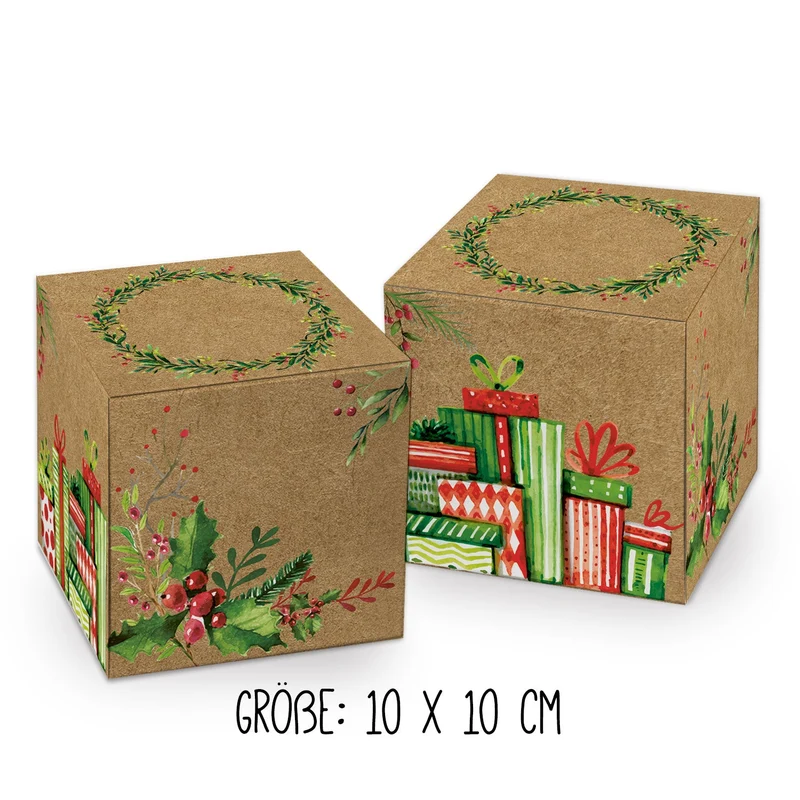 Weihnachtliche Geschenkboxen braun in Kraftpapier-Optik 8 x 8 cm mit Geschenke-Motiv rot-grün