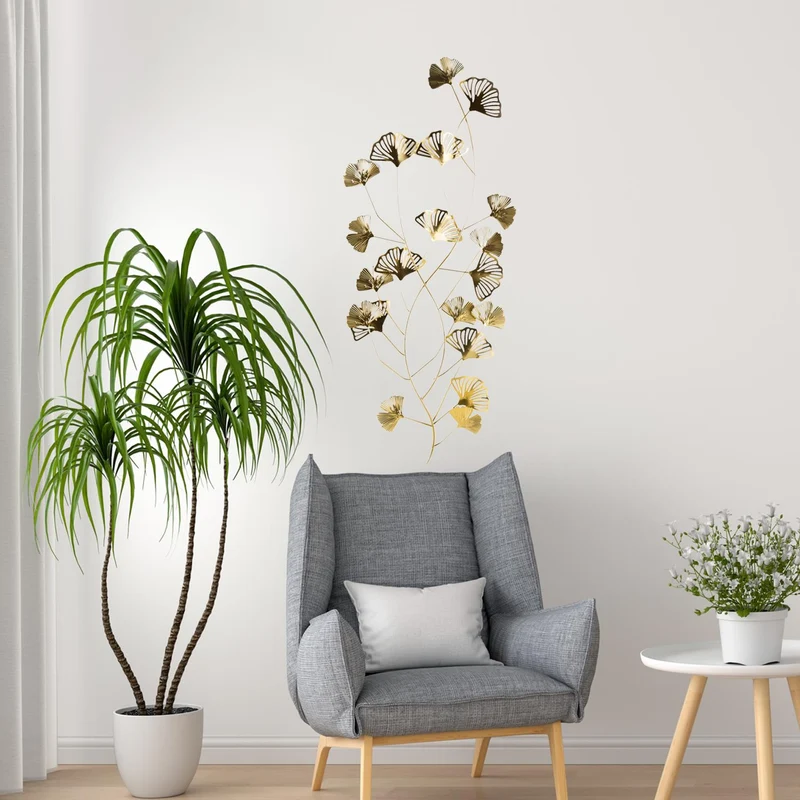 Ginkgo Wandskulptur - 75 cm - zum Aufhängen - Wanddeko aus Metall in Gold