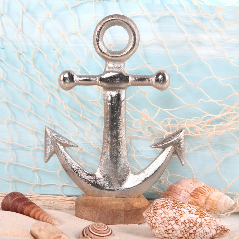 Große Anker Figur zum Hinstellen - 22 cm Silber braun aus Metall & Holz - Dekoanker als Maritime Deko