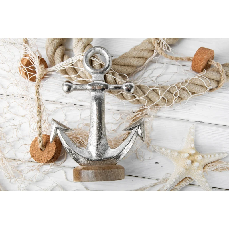 Große Anker Figur zum Hinstellen - 22 cm Silber braun aus Metall & Holz - Dekoanker als Maritime Deko