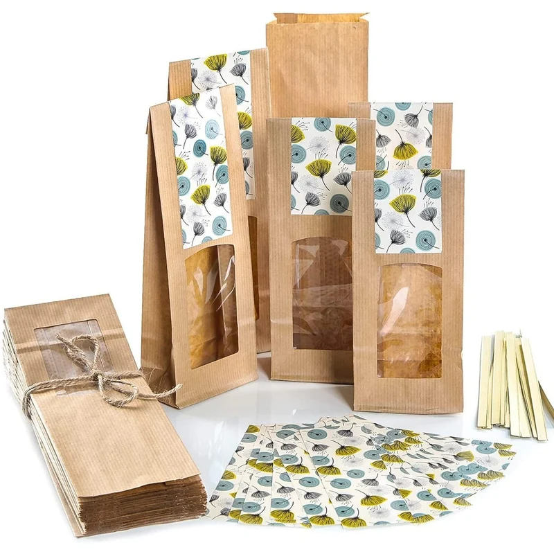 Blockbodenbeutel braun, blau, gelb mit Sichtfenster 8,5 x 5 x 26,5 cm mit Pusteblumen-Banderolen