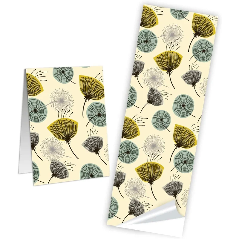 Blockbodenbeutel braun, blau, gelb mit Sichtfenster 8,5 x 5 x 26,5 cm mit Pusteblumen-Banderolen