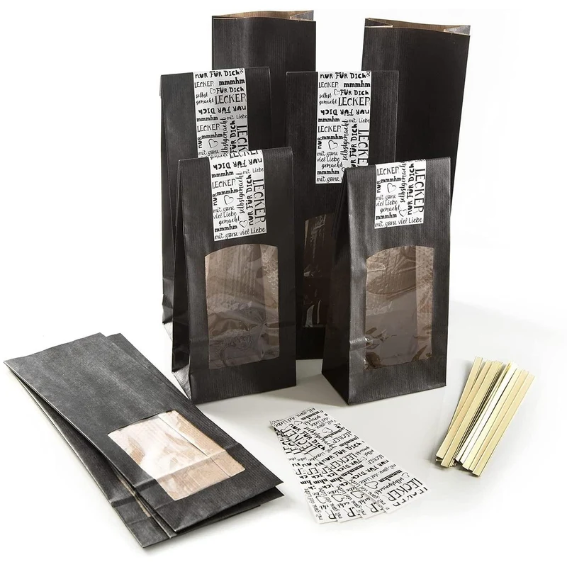 Blockbodenbeutel schwarz mit Sichtfenster 8,5 x 5 x 26,5 cm mit Text-Banderolen schwarz-weiß