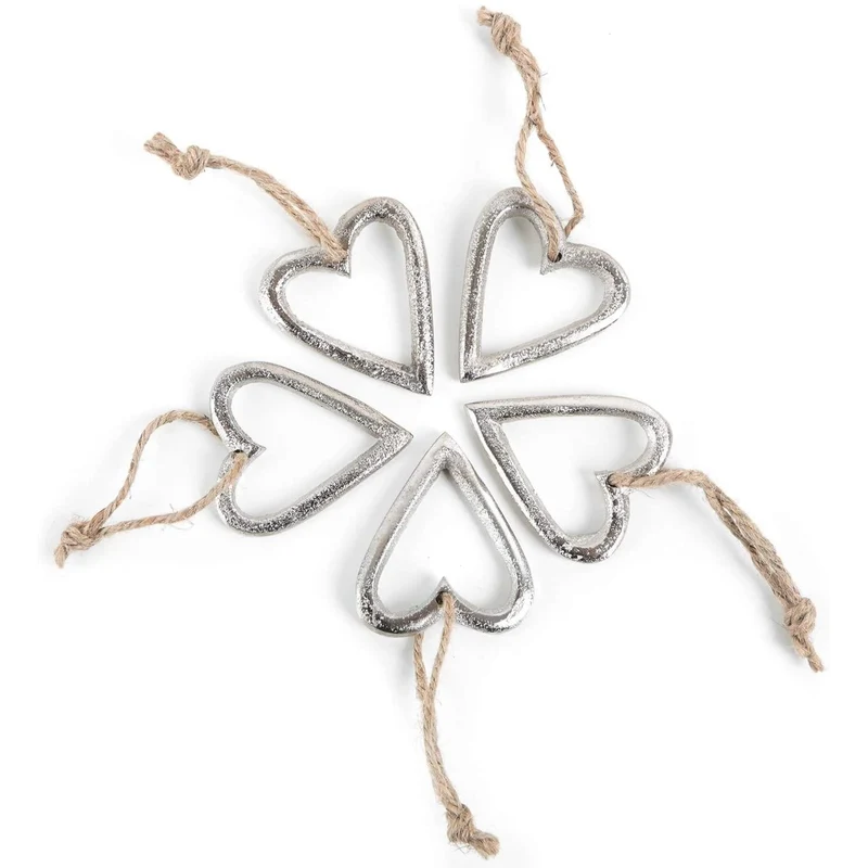 5 silberfarbene Herzen mit Schnur zum Aufhängen - 5 cm - aus Metall