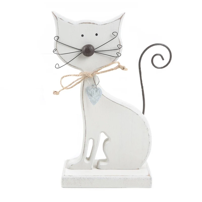 Holzkatze in weiß - 18 cm - mit Schnurrhaaren + Schwanz - zum Hinstellen