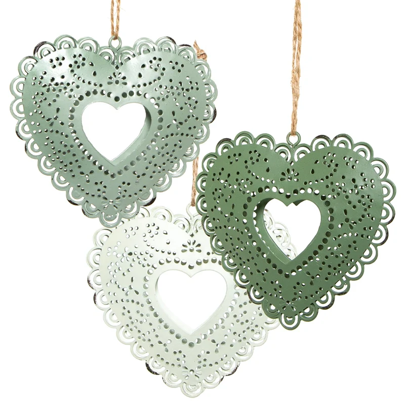 3 Metallherzen zum Aufhängen grün mintgrün Creme - 9,5 cm