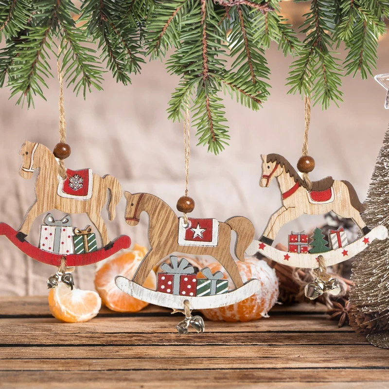 Logbuch-Verlag 12 Vintage Weihnachtsanhänger - Schaukelpferde mit Schnur zum Aufhängen braun rot - weihnachtlicher Baumschmuck
