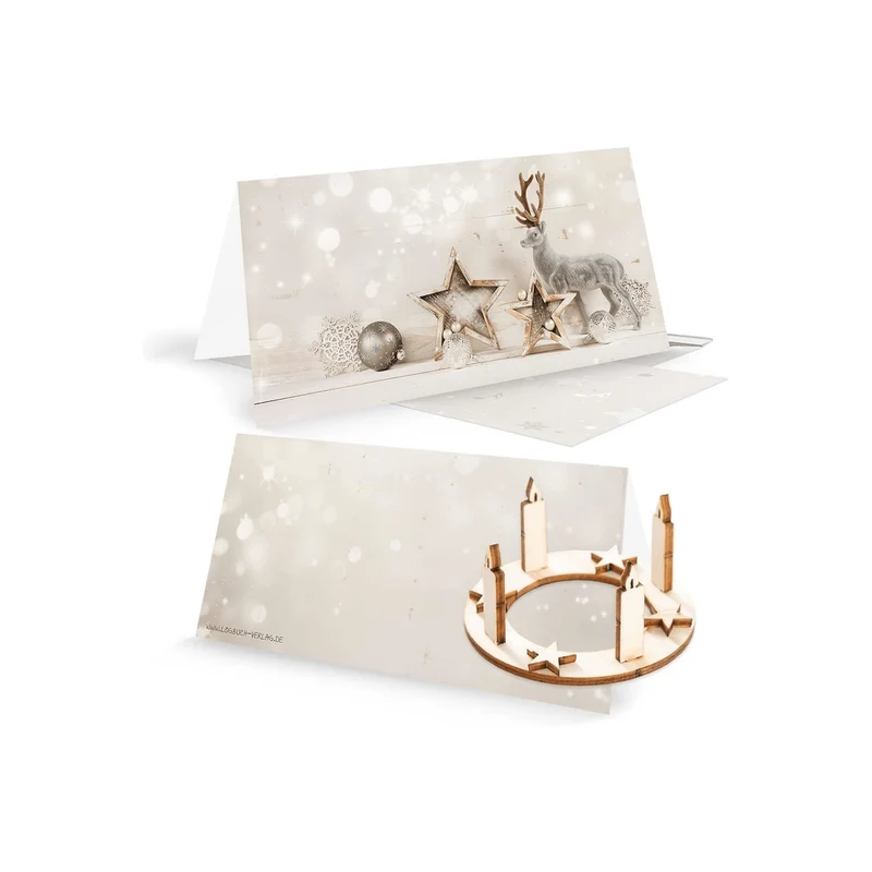 3 Weihnachtskarten DIN lang Klappkarten mit Umschlag – beige-silber mit Mini-Adventskranz