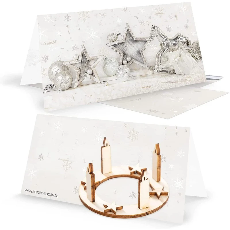 3 Weihnachtskarten Klappkarten mit Umschlag – beige-silber mit Mini-Adventskranz aus Holz