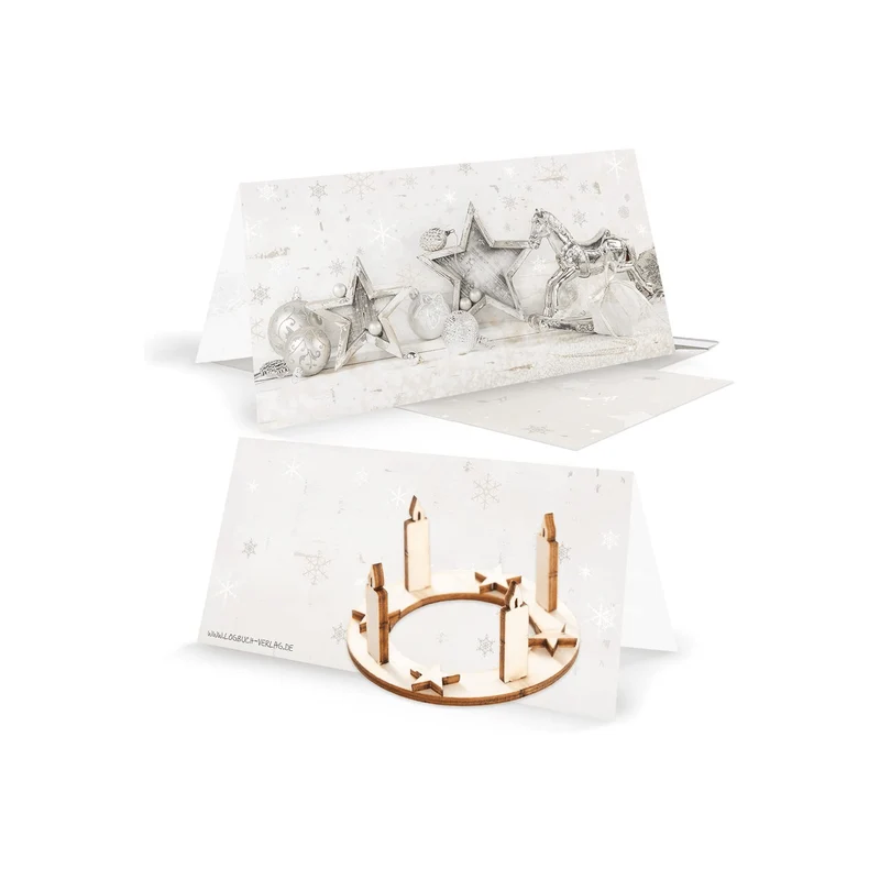 3 Weihnachtskarten Klappkarten mit Umschlag – beige-silber mit Mini-Adventskranz aus Holz