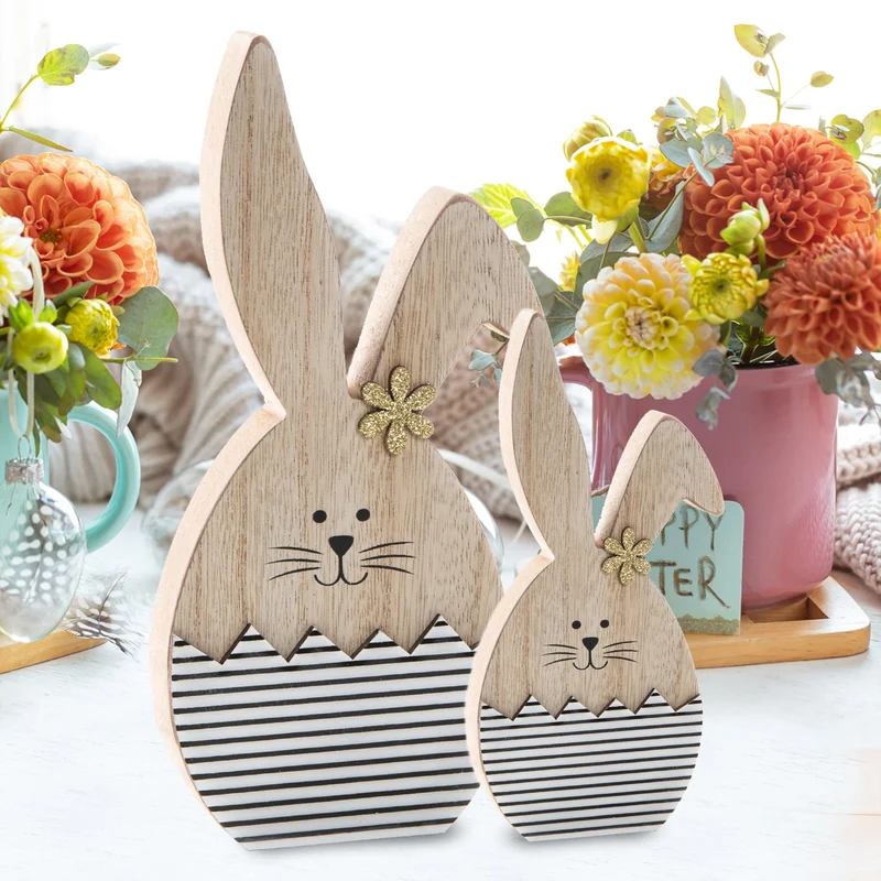 3 Hasen Figuren aus Holz natur schwarz-weiß gestreift - Deko Ostern 14 cm